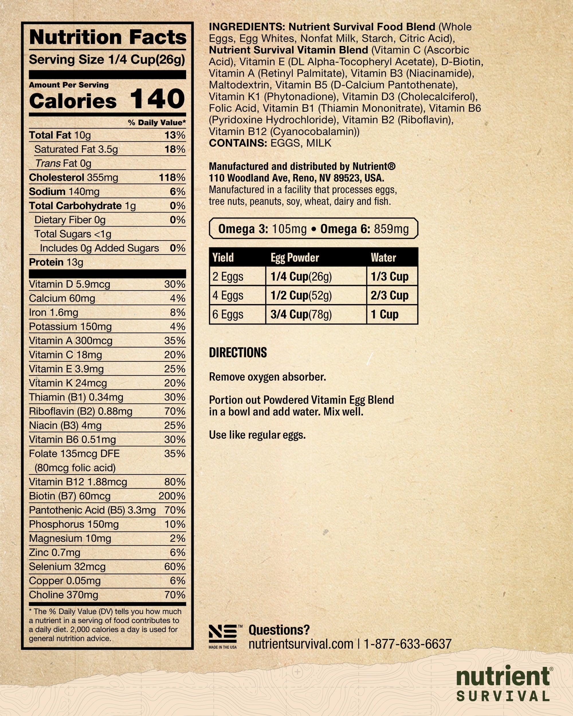 Nutrient Survival Vitamin Powdered Eggs Blend, Freeze Dried Prepper Supplies & Emergency Food Supply, 33 Essential Nutrients, Gluten Free, Shelf Stable Up to 25 Years, One Can, 70 Egg Equivalent