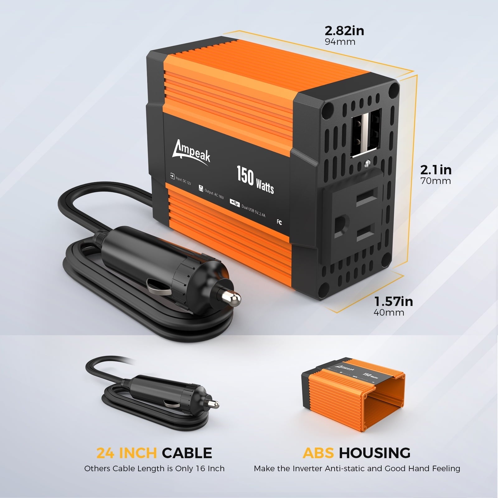 Ampeak 150W Car Power Inverter 11 Safe Protections DC 12V to AC 110V Car Converter 4.8A Dual USB