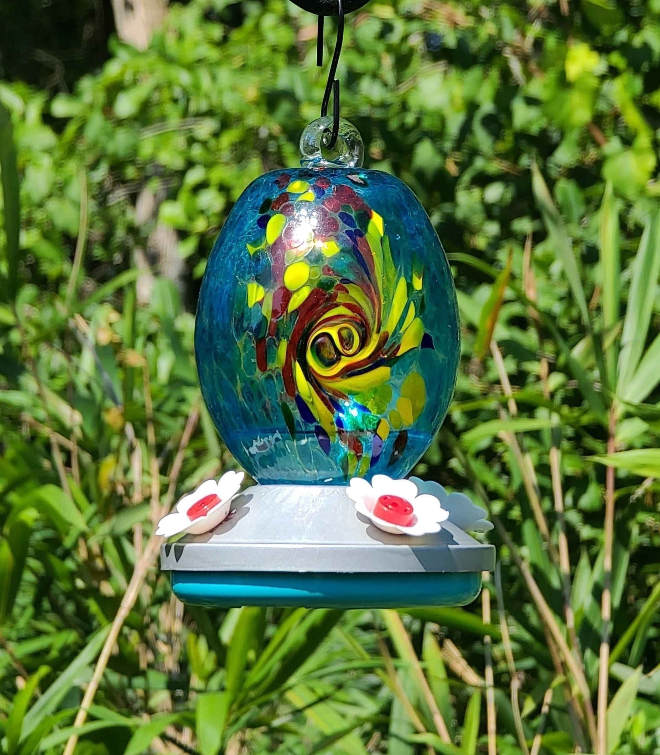 Griffin Products 16 oz. Blue Teal Hand Blown Glass Hummingbird Feeder