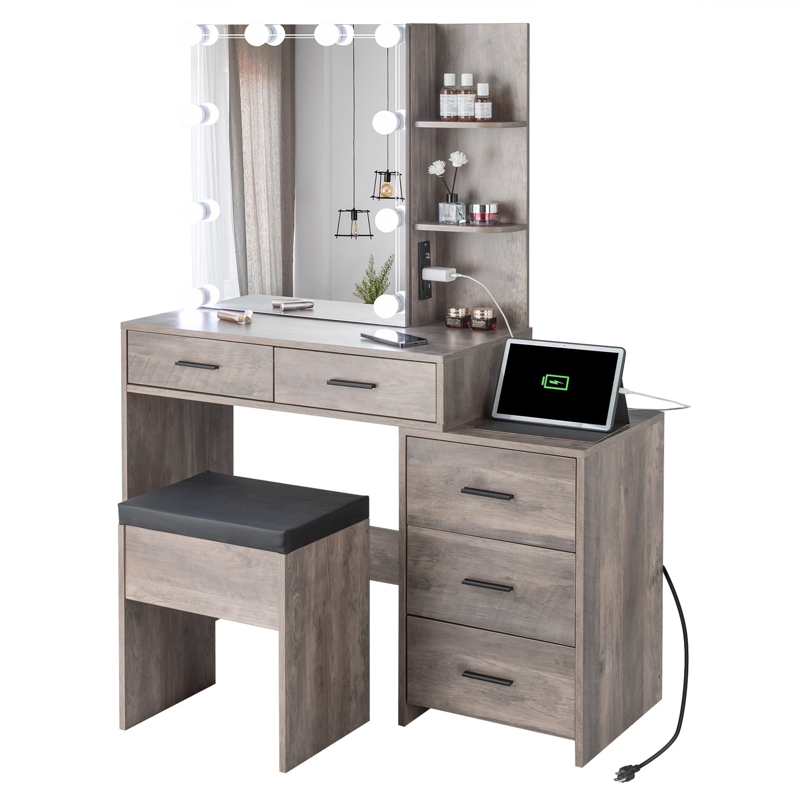 Ktaxon Lighted Vanity Makeup Table Set with Charging Station, Sliding Mirror with Cushioned Stool