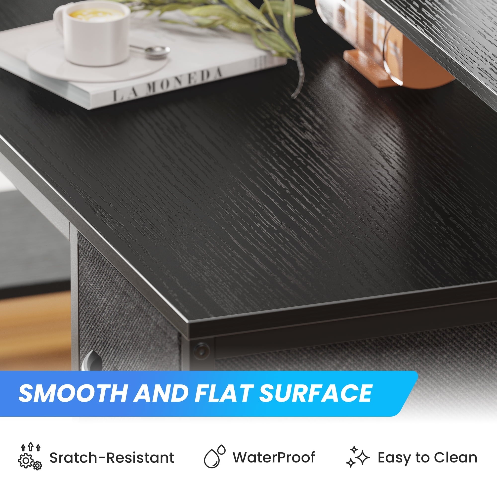 SUPERJARE L-Shaped Computer Desk with LED Lights & Power Outlets, Gaming Desk with Shelves & Drawer, Reversible L Office Desk, Black