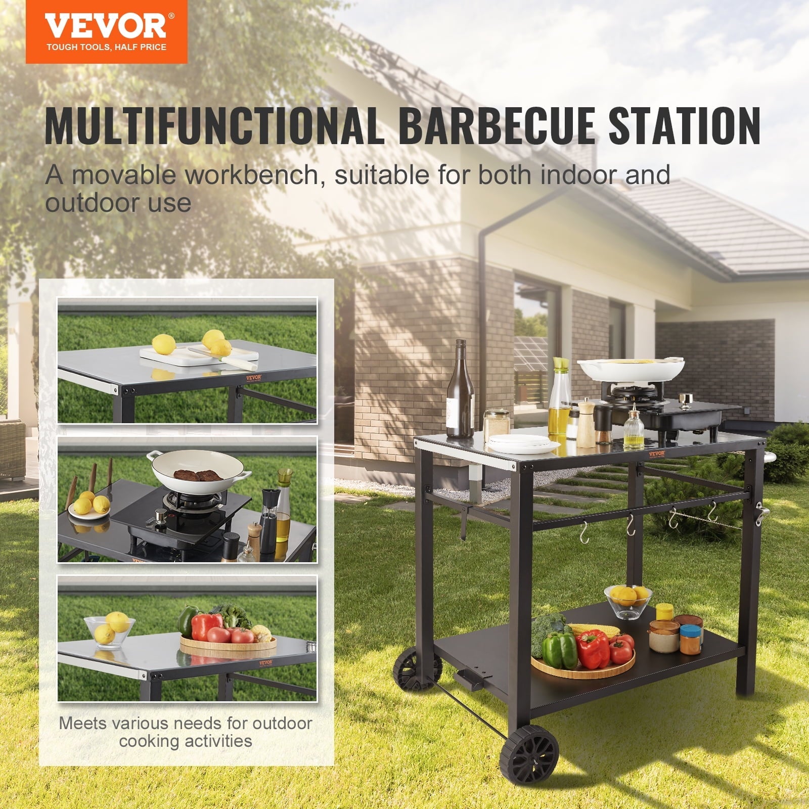 BENTISM Outdoor Grill Dining Cart Double-Shelf BBQ Movable Food Prep Trolley Patio