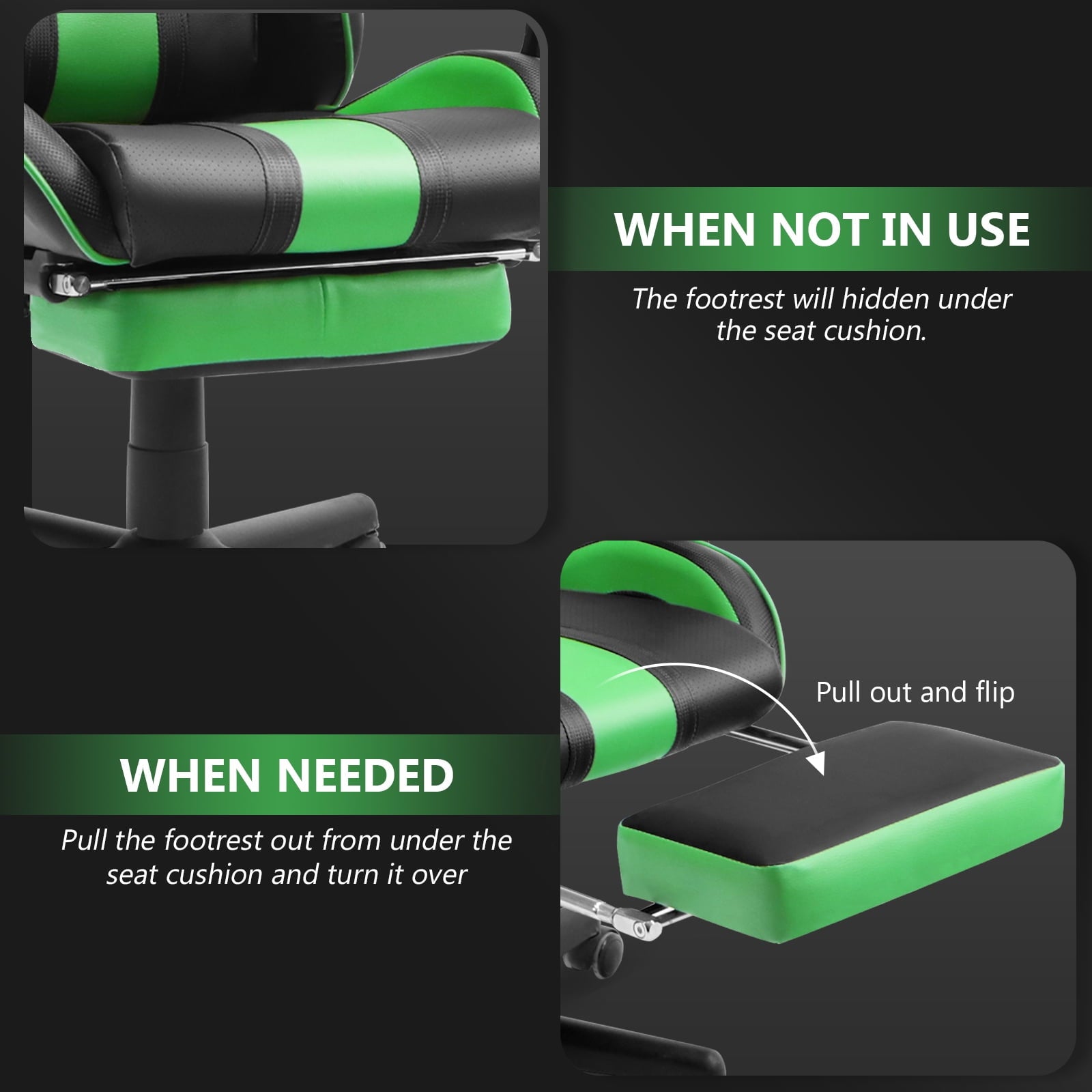 Ferghana Gaming Chair Office Chair, Ergonomic Gamer Game Chair with Footrest & Massage Lumbar Pillow, Reclining Adjustable Height Leather Computer Chair, Green