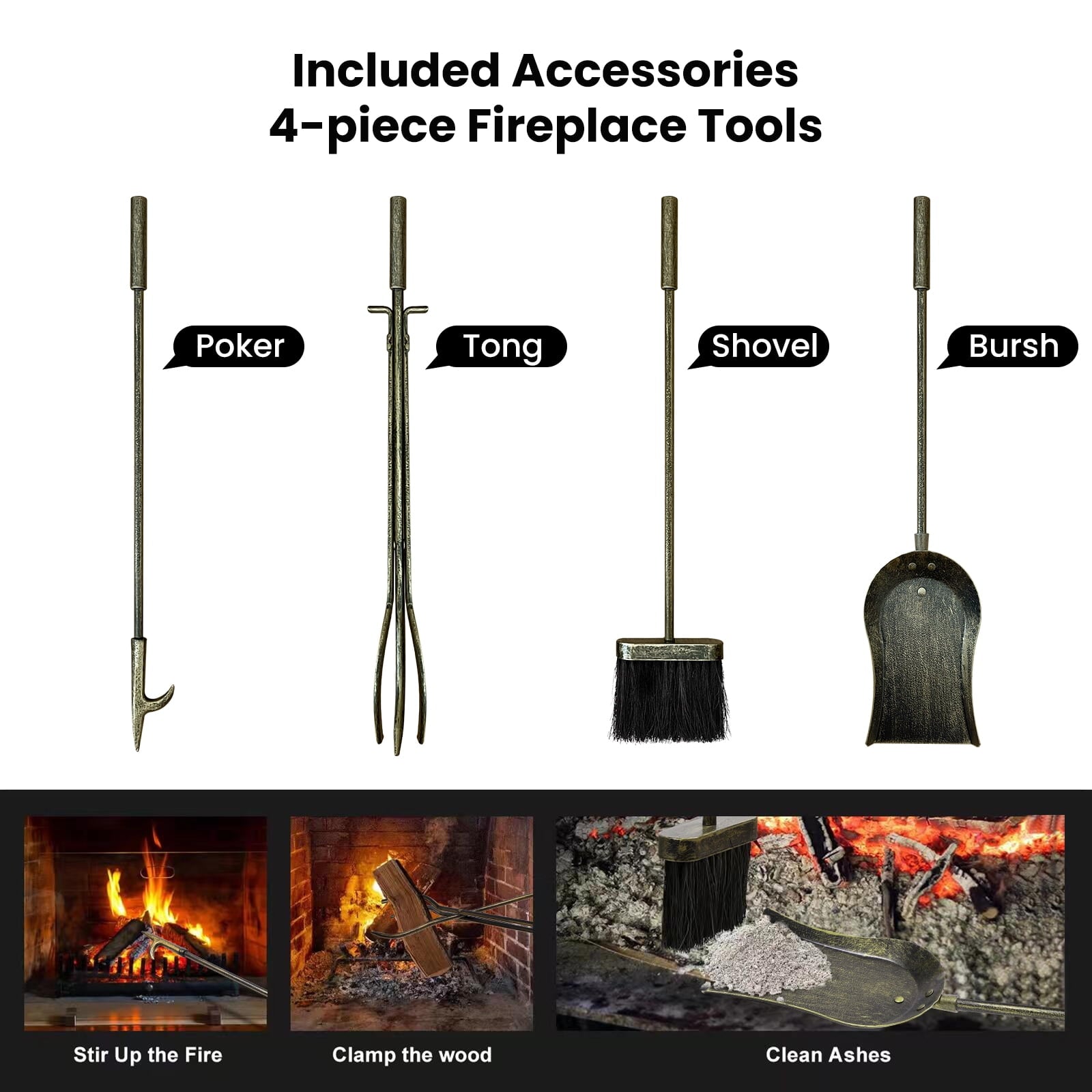 Amagabeli Firewood Rack Indoor 5 Pieces Fireplace Tools Set Fire Wood Holder with Tongs Poker Brush and Shovel Outdoor Log Rack Solid Wrought Iron Fireplace Set Kit Wood Stove Accessories Bronze