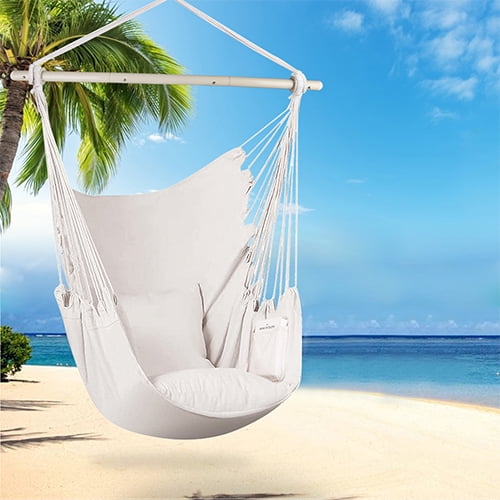 Hammock Chair Hanging Rope Swing, Hammock Chair Swing Seat with Metal Support Bar, Side Pocket & 2 Soft Cushions, Large Hanging Swing Chair, Support up 330 Lbs, for Indoor Outdoor Bedroom or Tree