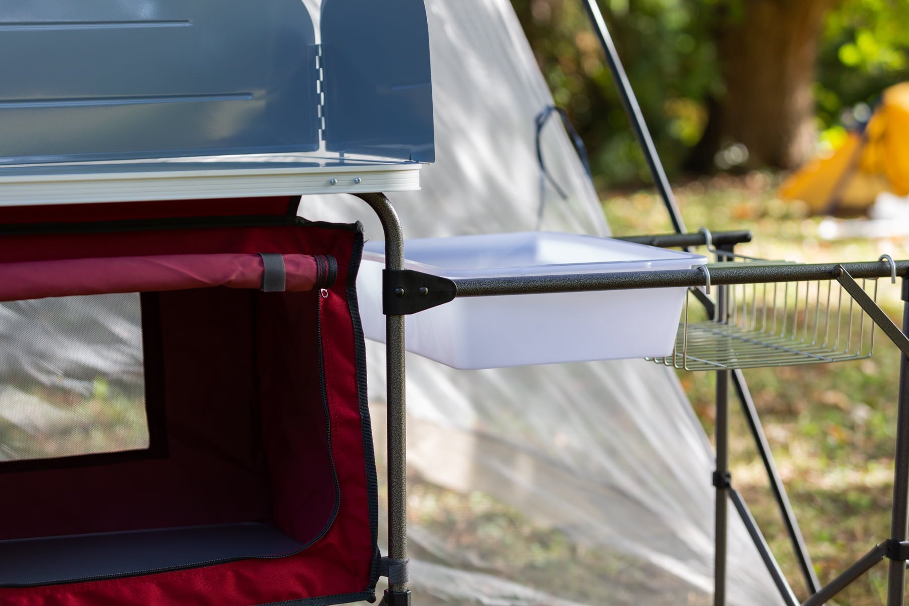 Trail Deluxe Camping Kitchen with Storage, Silver and Red, 31 Height