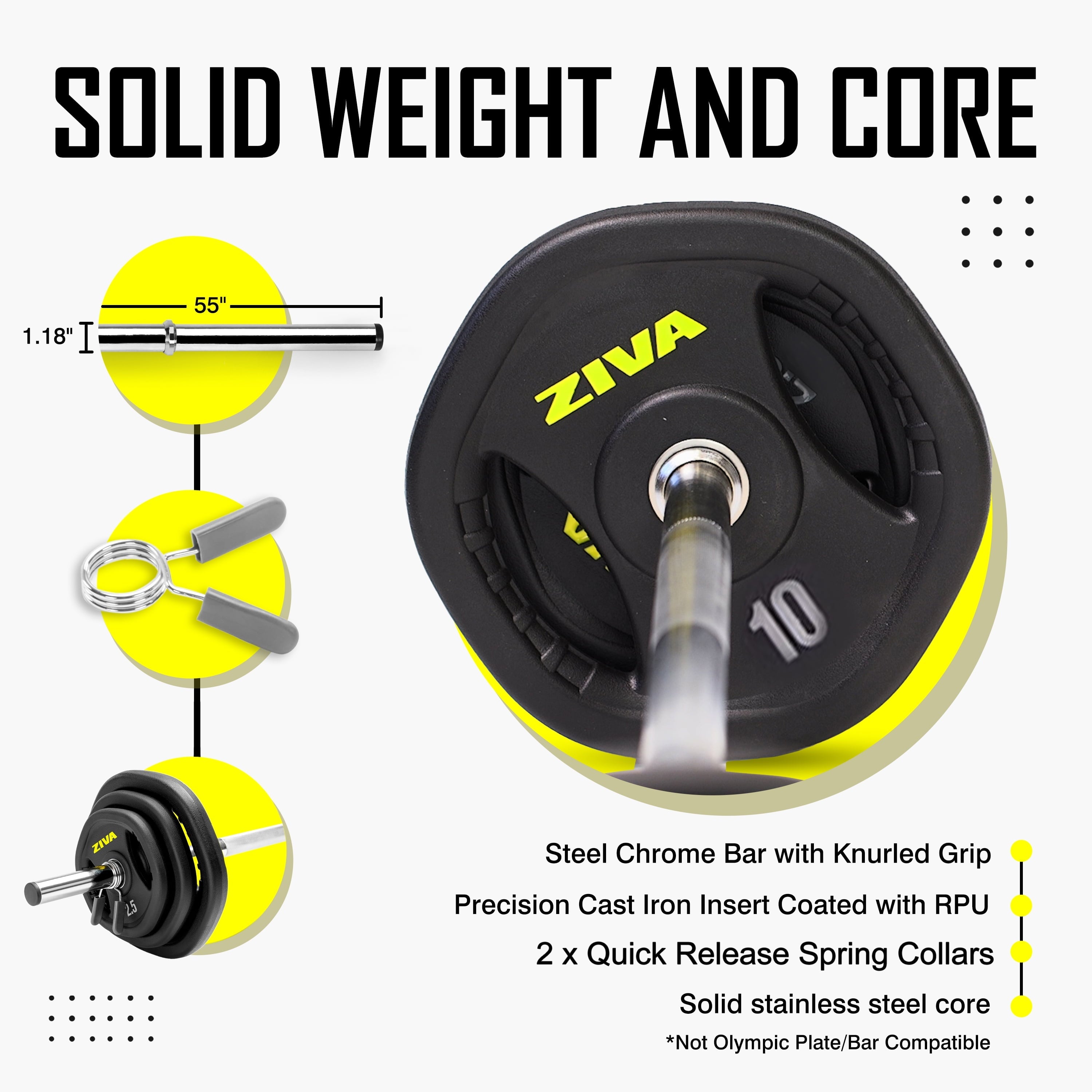 ZIVA RPU Studio Barbell Adjustable Weight Set - 6 High Grade RPU Coated Grip Plates (2 x 2.5lb, 2 x 5lb, 2 x 10lb) 1.18
