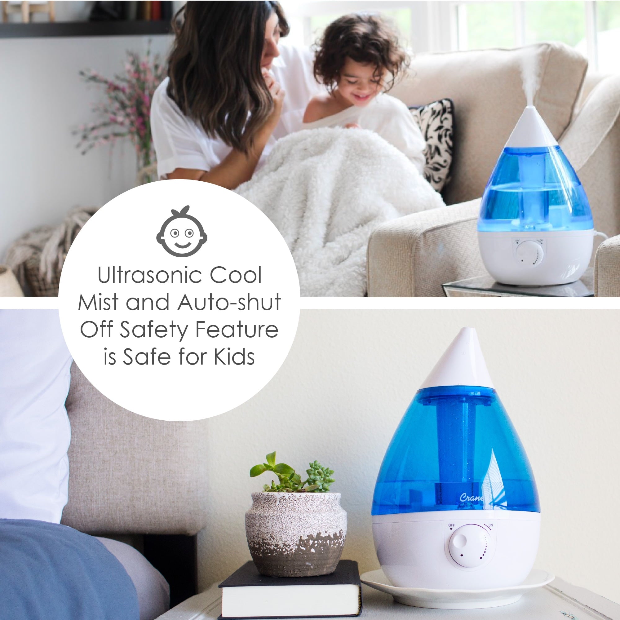 Crane Drop Ultrasonic Cool Mist Humidifier, 1.0 Gallon, 24 Hour Run Time, Whisper Quiet, 500 Sq. Ft. Coverage, Blue/White
