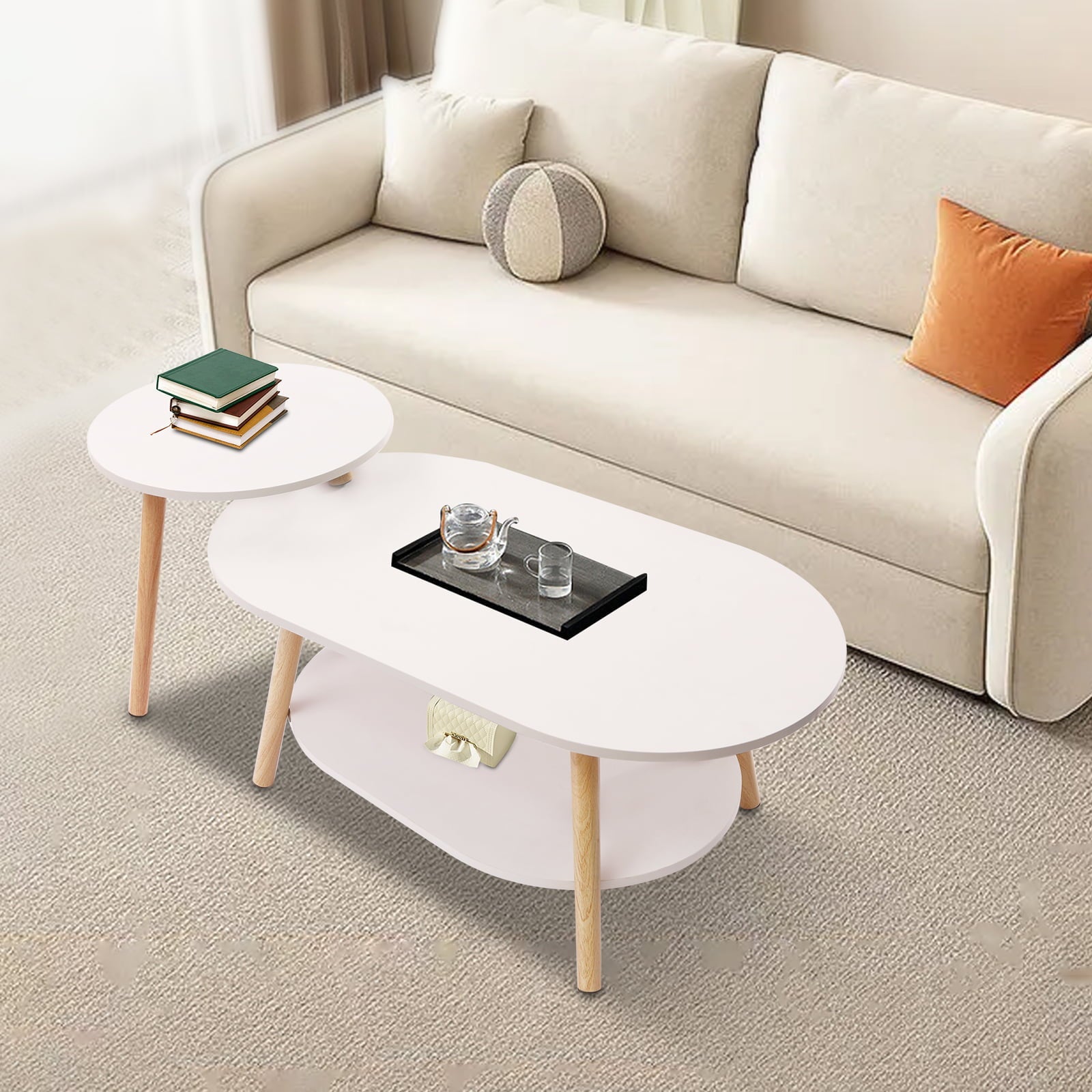 Loyalheartdy Sofa Table Nesting Table White MDF Coffee Table End Desk Non-slip Foot Pad