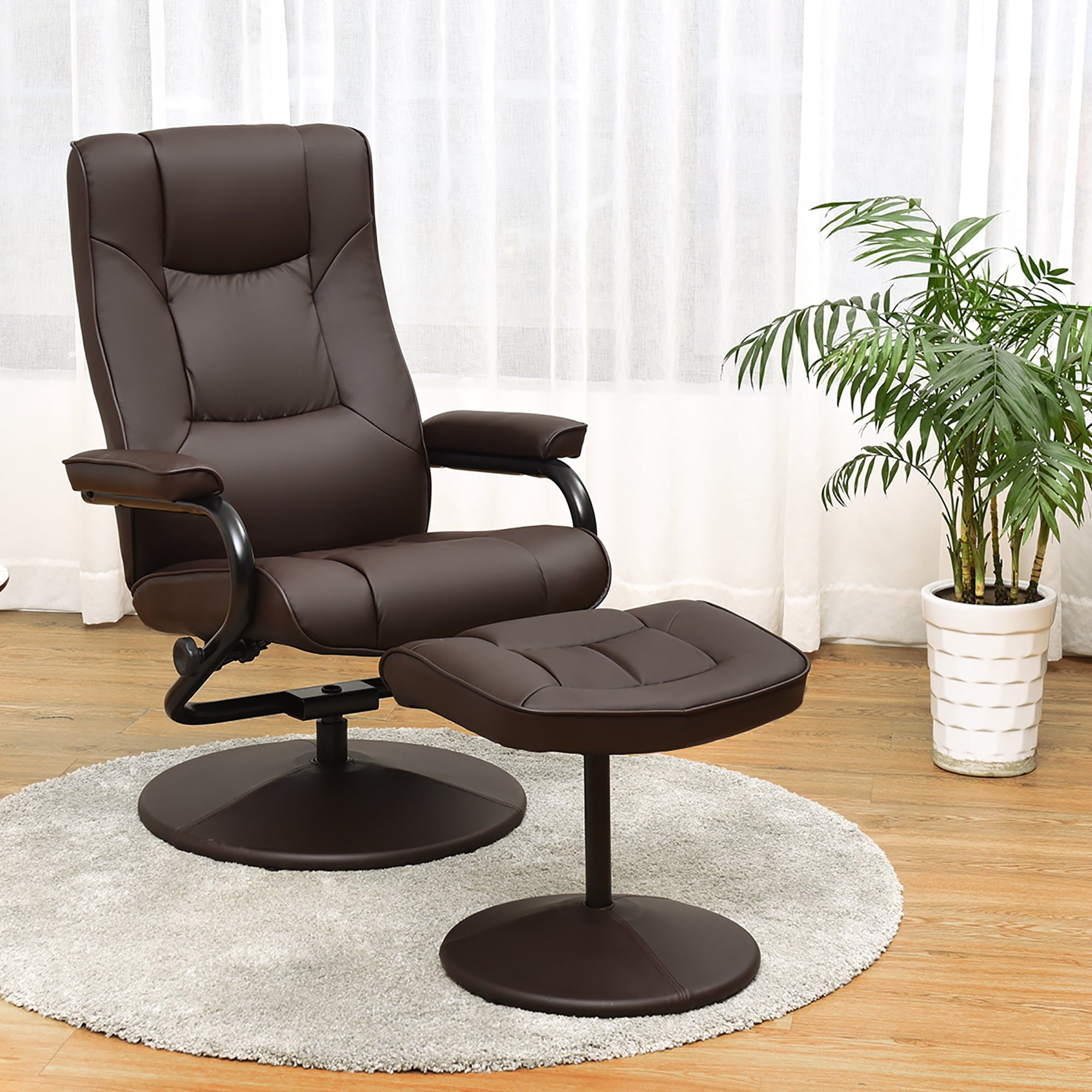 Costway Recliner Chair Swivel PU Leather Lounge Accent Armchair w/ Ottoman Brown