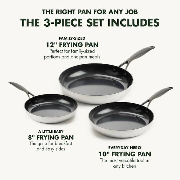Venice Pro Noir Tri-Ply Stainless Steel Healthy Ceramic Nonstick 3 Piece, 8 in. 10 in. and 12 in. Frying Pan Skillet Set