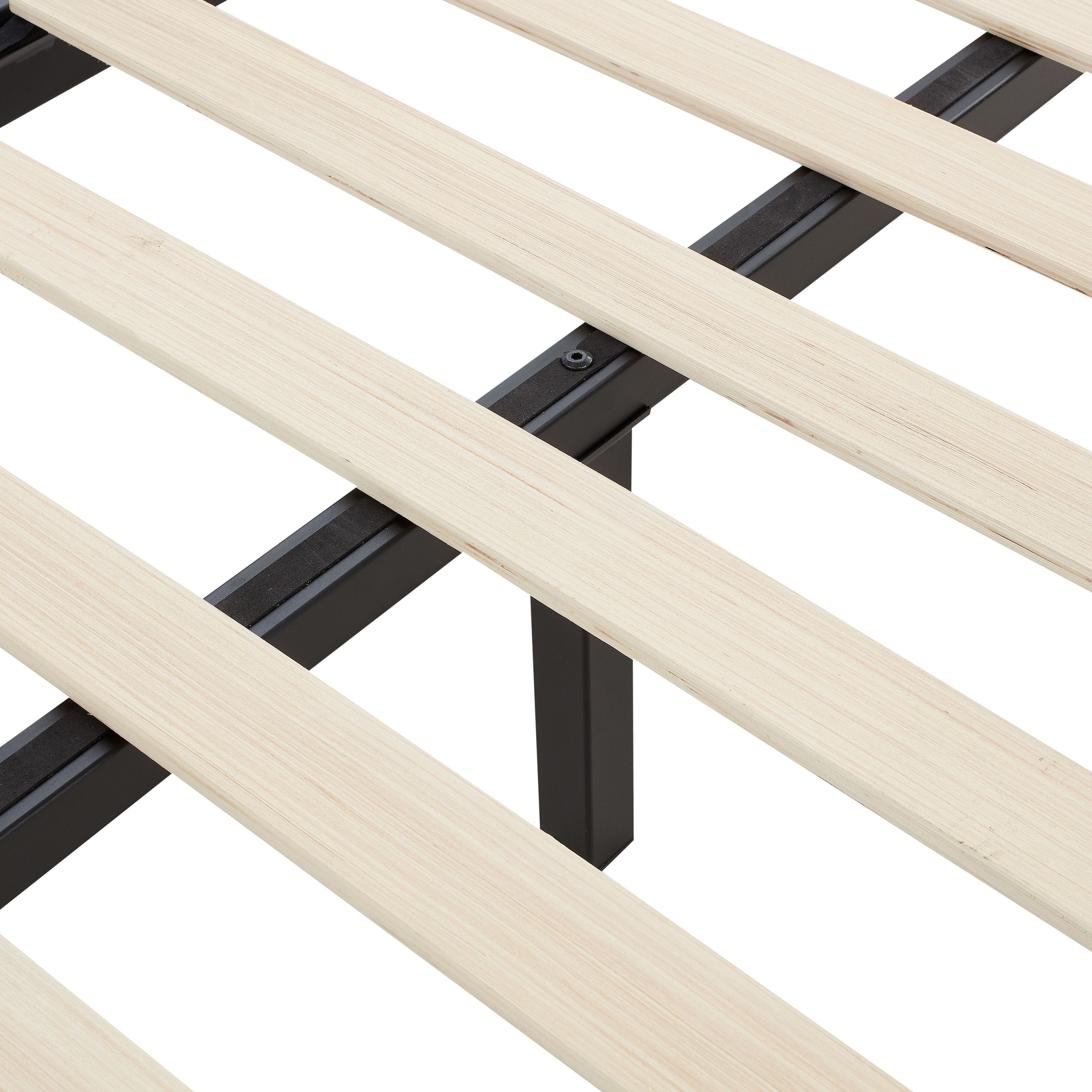 Mainstays Wood Slat Black Metal Platform Bed Frame with Wood Legs, Queen