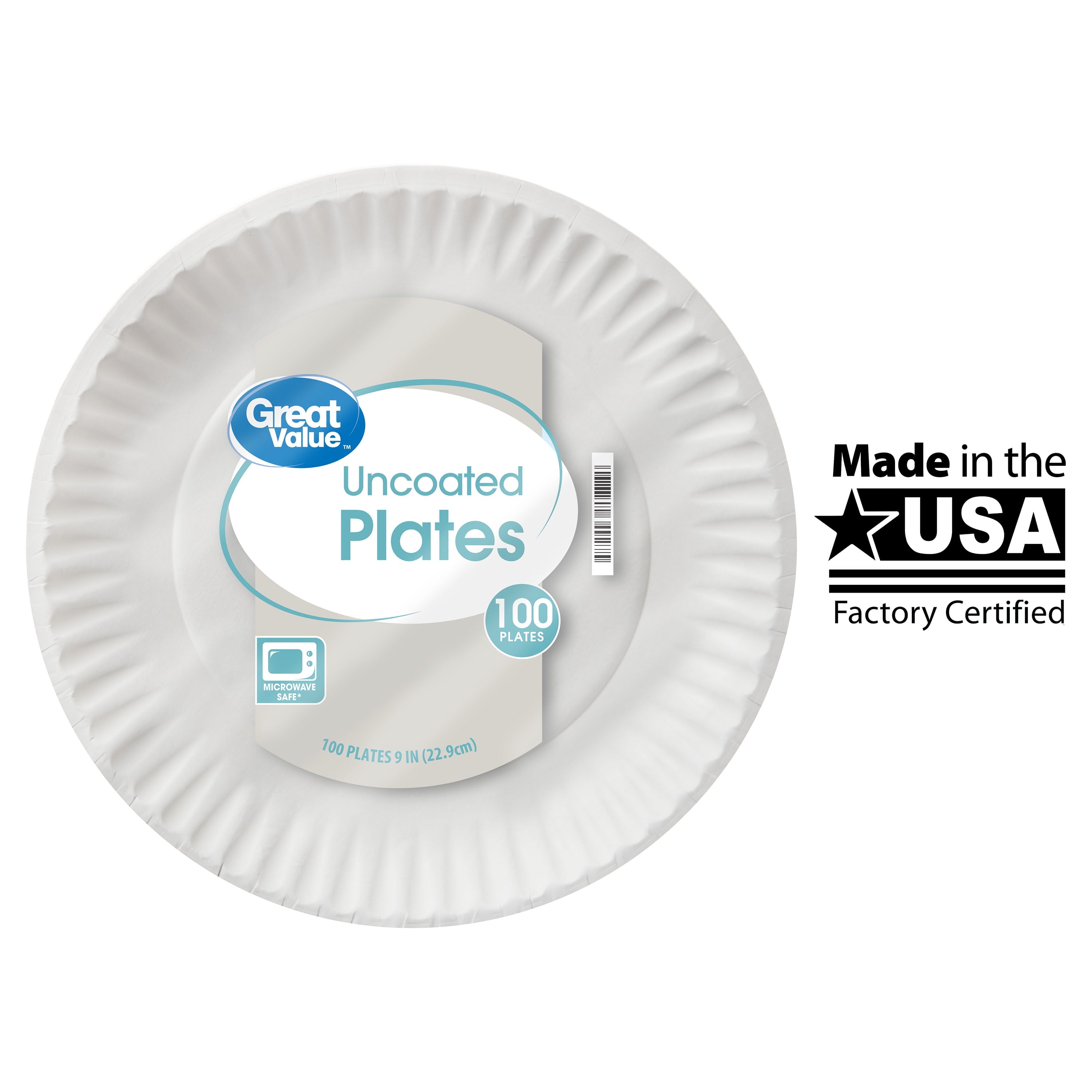 Great Value Uncoated, Microwave Safe, Disposable Paper Plates, 9