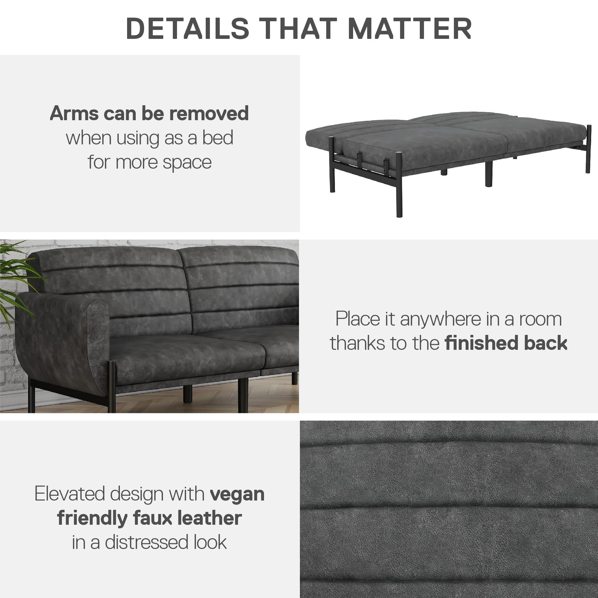 DHP Sadie Futon Sofa Bed and Couch Sleeper, Distressed Charcoal Black Faux Leather