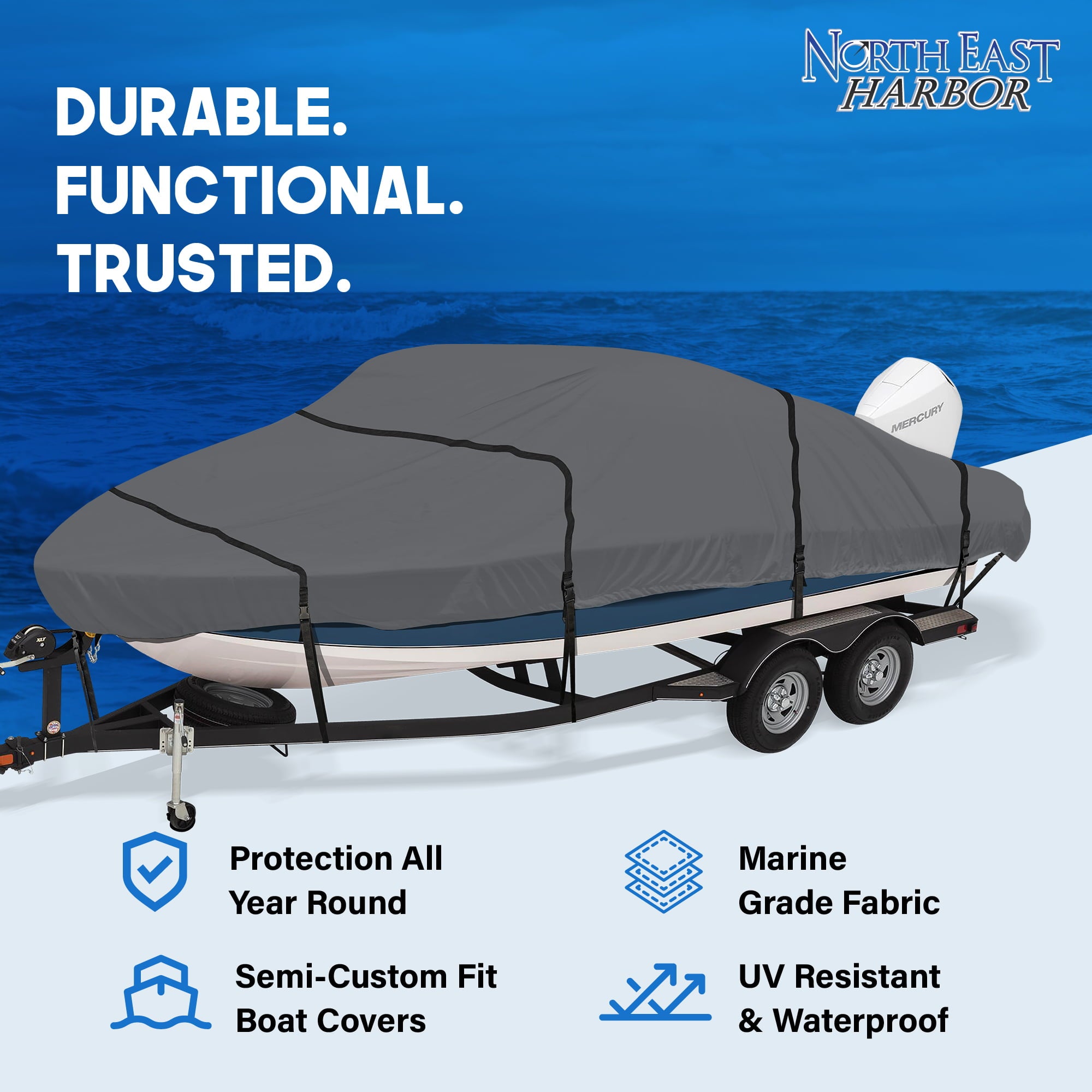 North East Harbor BC12A-GRY 12, 13 & 14 ft. Heavy Duty Waterproof Mooring Boat Cover - Gray