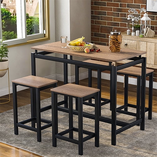5 Piece Bar Table Set, Kitchen Counter Height Table with 4 Stools, Space Saving Pub Table Set for 4 Person with Metal Frame, Wood Dining Table & Chair Set for Breakfast Nook Pub Bistro, B945