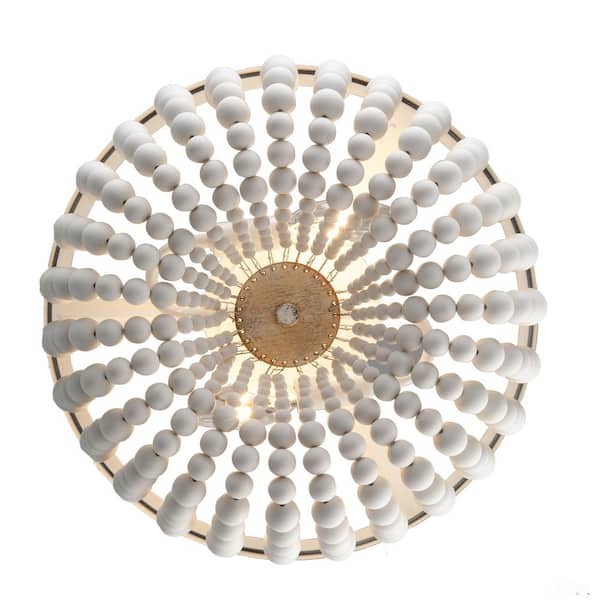 Cayman 13 in. 2-Light White and Faux Wood Beaded Flush Mount Ceiling Light Fixture with White Beaded Shade