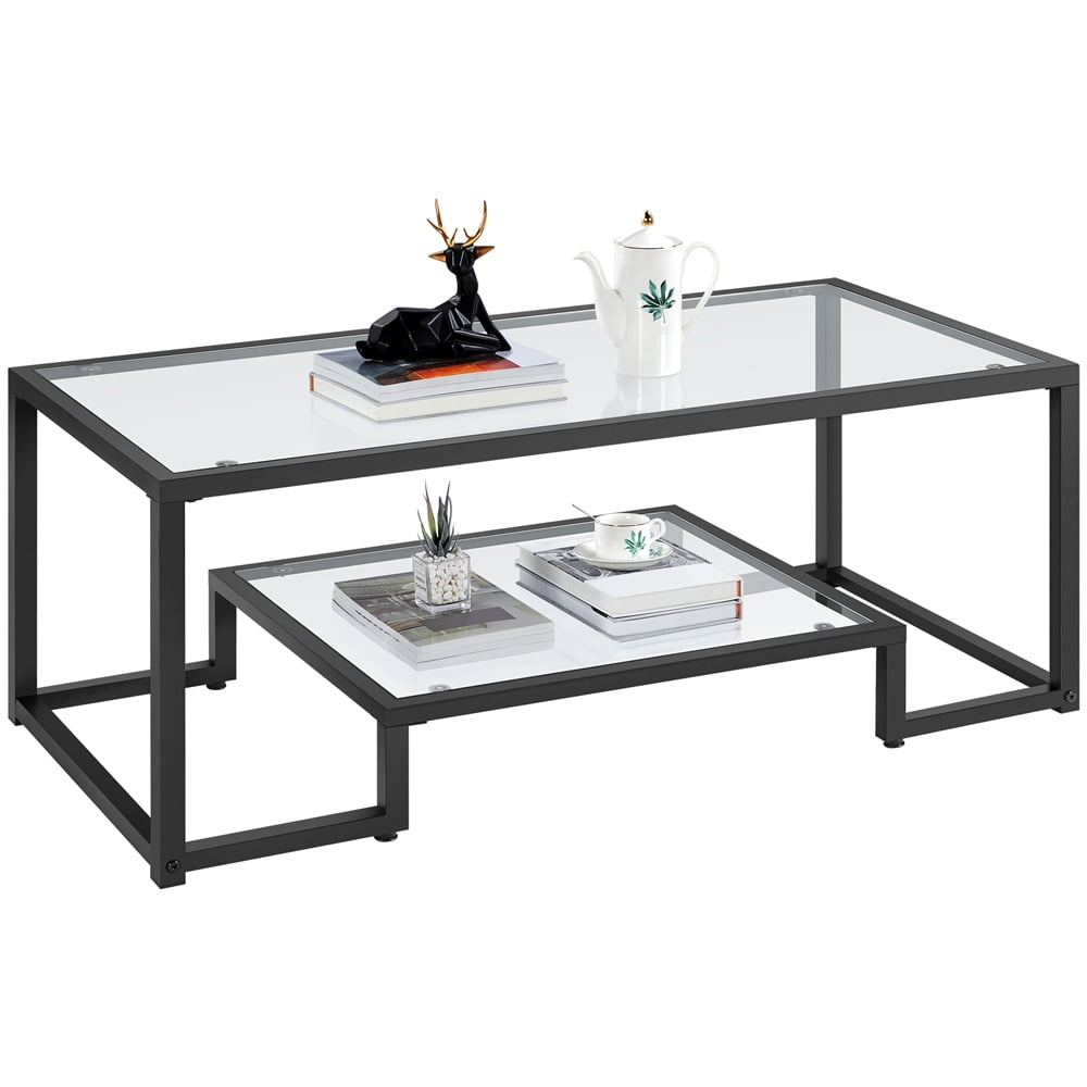 Smile Mart Modern Glass Coffee Table with Metal Frame, Black