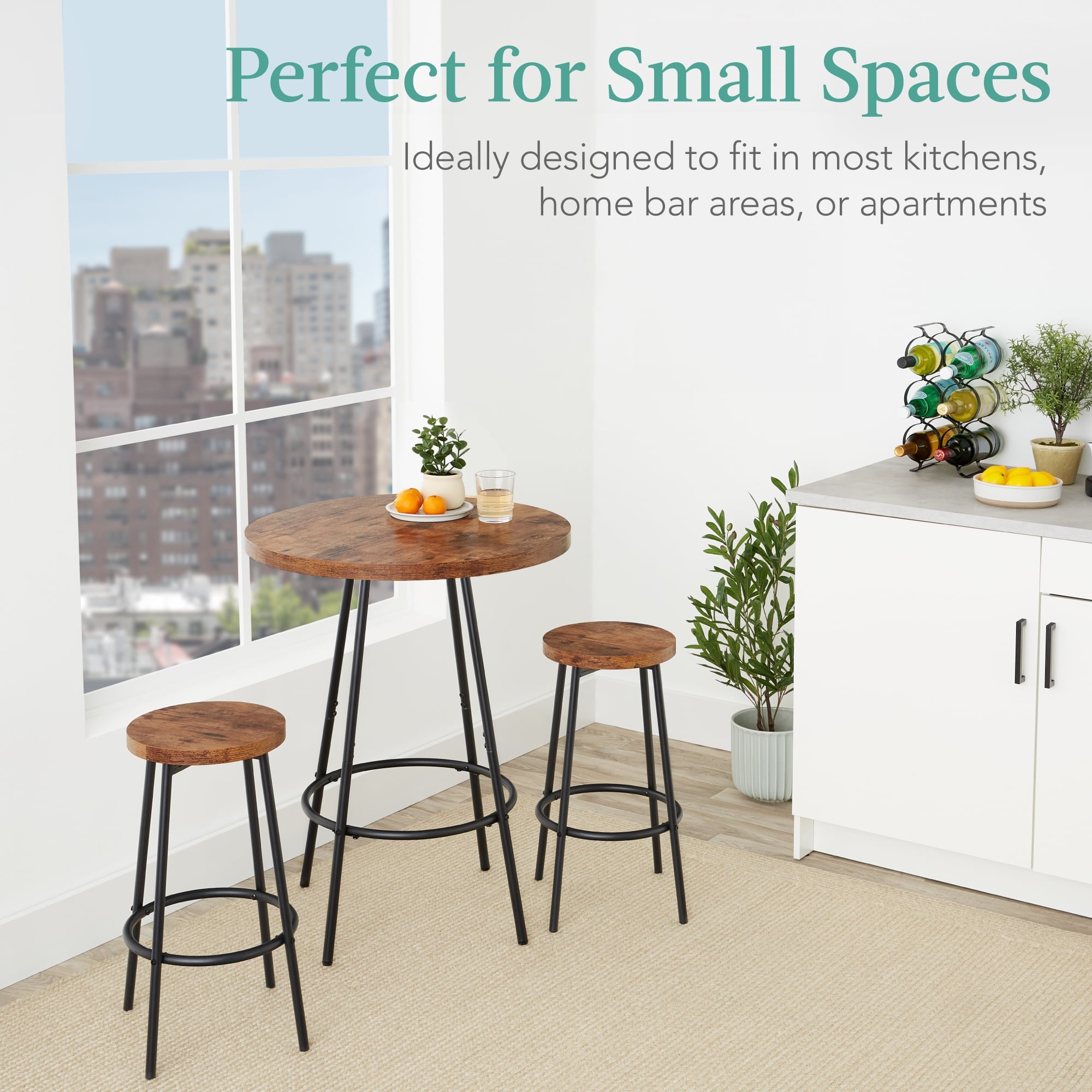 Best Choice Products 3-Piece Bistro Set, Modern Round Counter Height Dining Set w/ 2 Stools, Metal Frame - Medium Brown