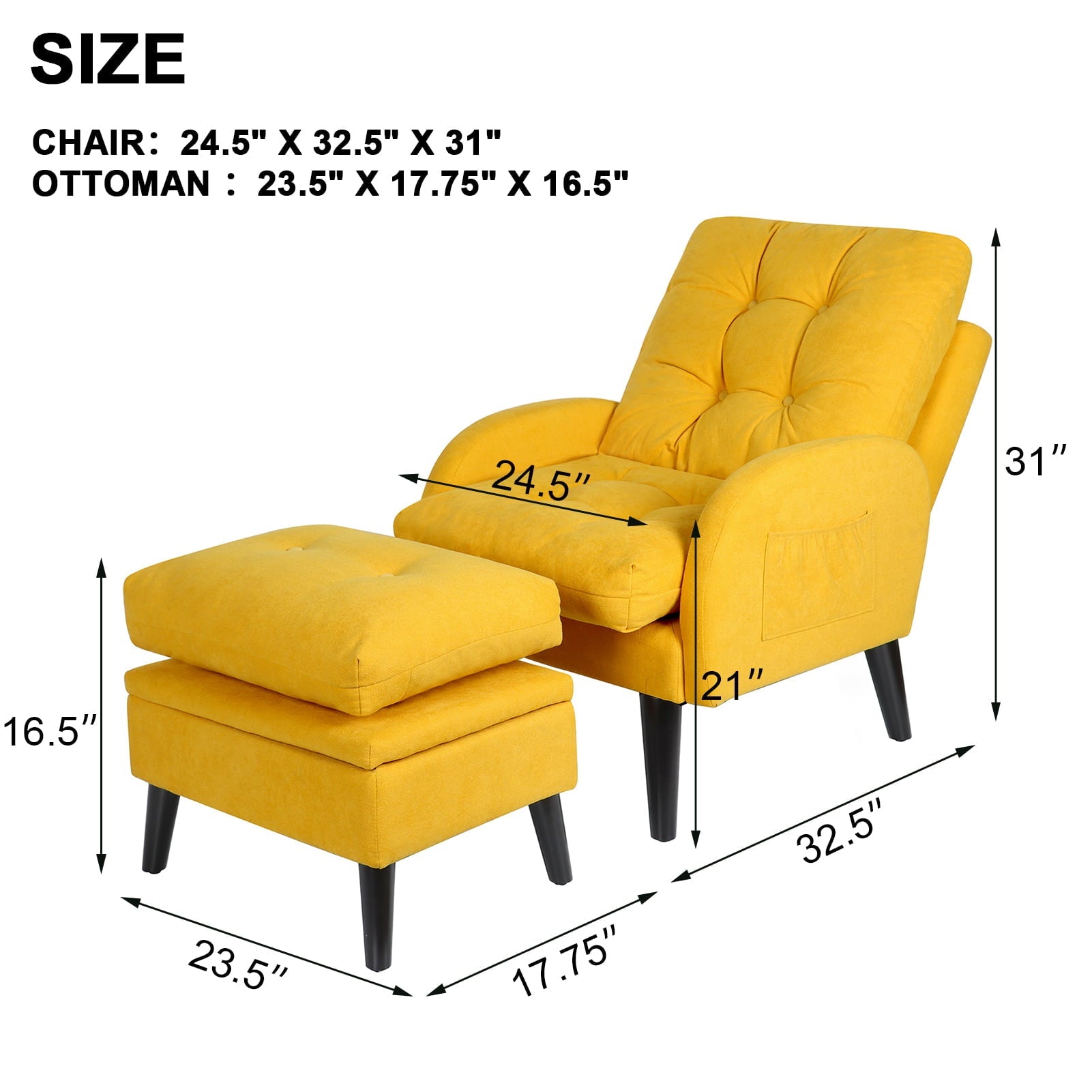 July's Song Accent Chair with Ottoman with Adjustable Backrest,Comfy Read Chair for Living Room with Side Pocket,Recliner Armchair and Ottoman for Bedroom,Yellow