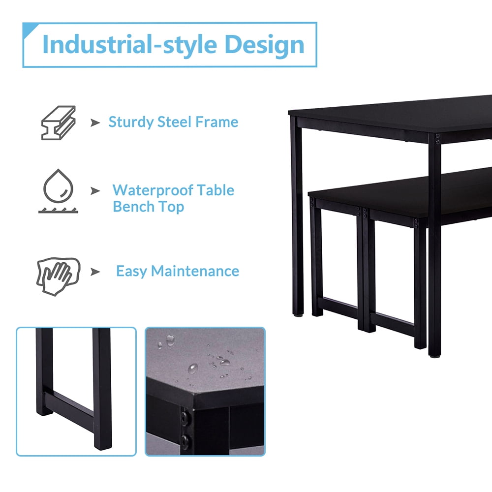 uhomepro Dining Room Table Set, 3-Piece Breakfast Nook Dining Table Set with Two Benches, Dining Room Table Set Kitchen Table Set with Metal Frame, Modern Furniture for Home Cafeteria, Black