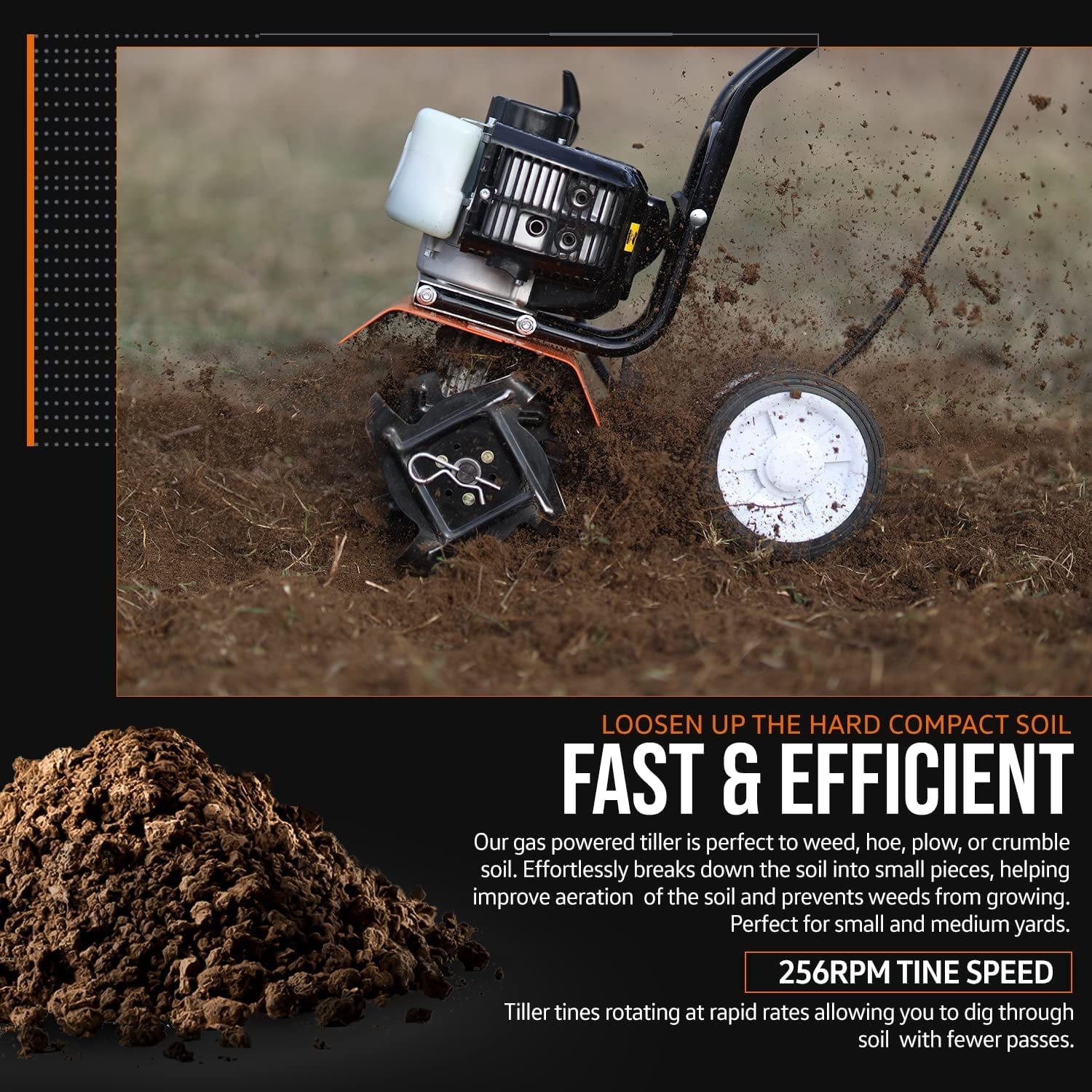 SuperHandy Mini Garden Tiller - 3HP Gas Engine, Adjustable Tines, 11