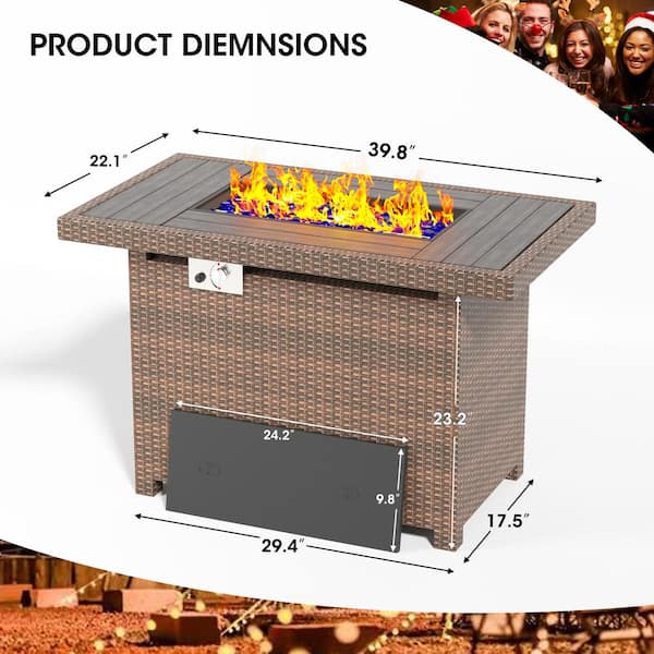 44 in. 50,000 BTU Rectangular Brown Wicker Outdoor Fire Pit Table with Rain Cover Propane Gas