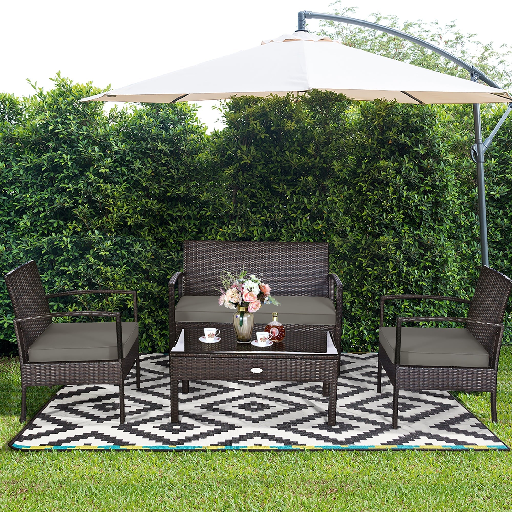 Costway 4PCS Patio Rattan Wicker Furniture Set Brown Loveseat Sofa Cushioned Garden Yard Brown