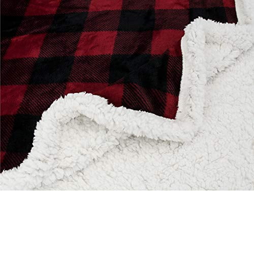 PAVILIA Buffalo Plaid Sherpa Blanket King | Fuzzy Red Black Checkered Flannel Fleece Blanket for Couch Bed | Fluffy Warm Soft Christmas Plush Microfiber Blanket | 90x108