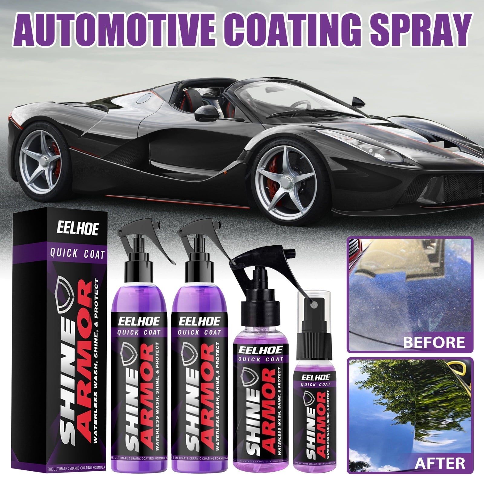 EELHOE Shine Armor Ceramic Coating Fortify Quick Coat Car Wax Polish Spray Waterless Wash & Wax Hydrophobic Top Coat Polish & Polymer Paint Sealant Detail Protection 3.4 Fl Oz