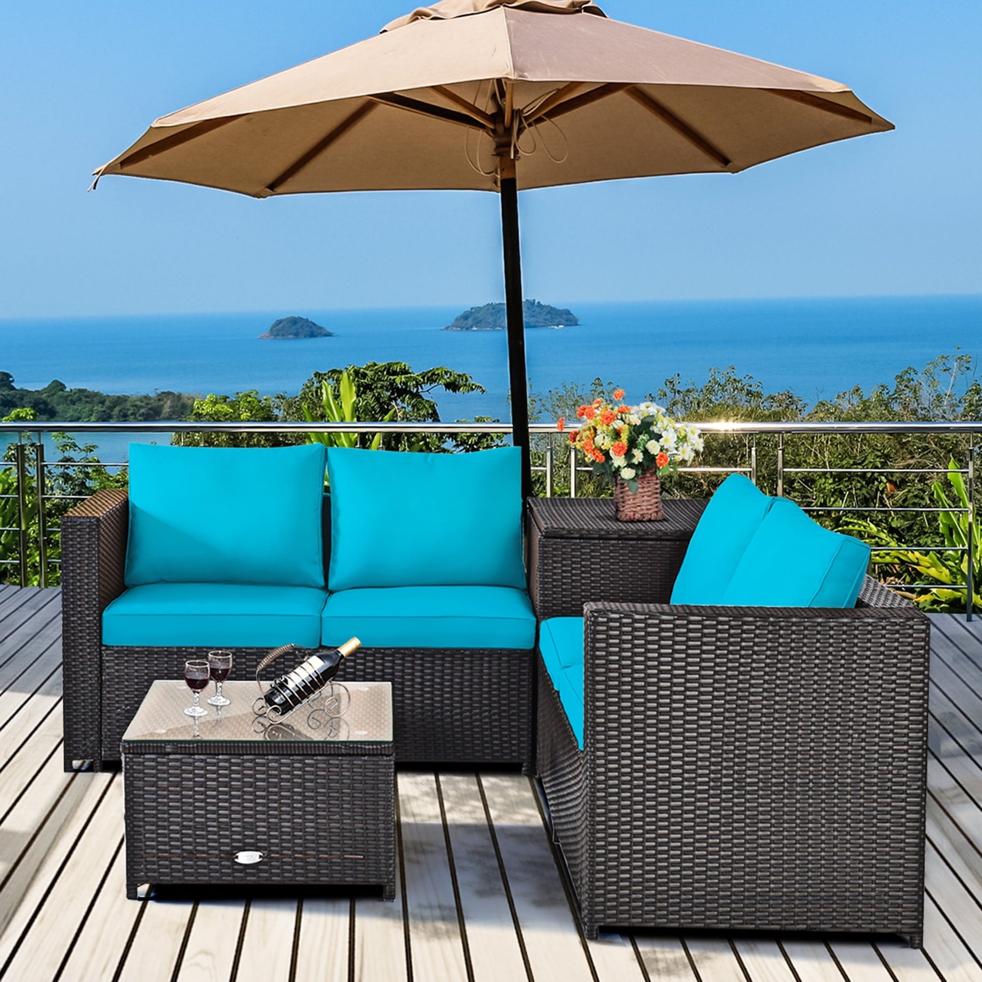 Gymax 8PCS Cushioned Rattan Patio Conversation Set w/ Side Table Turquoise Cushion