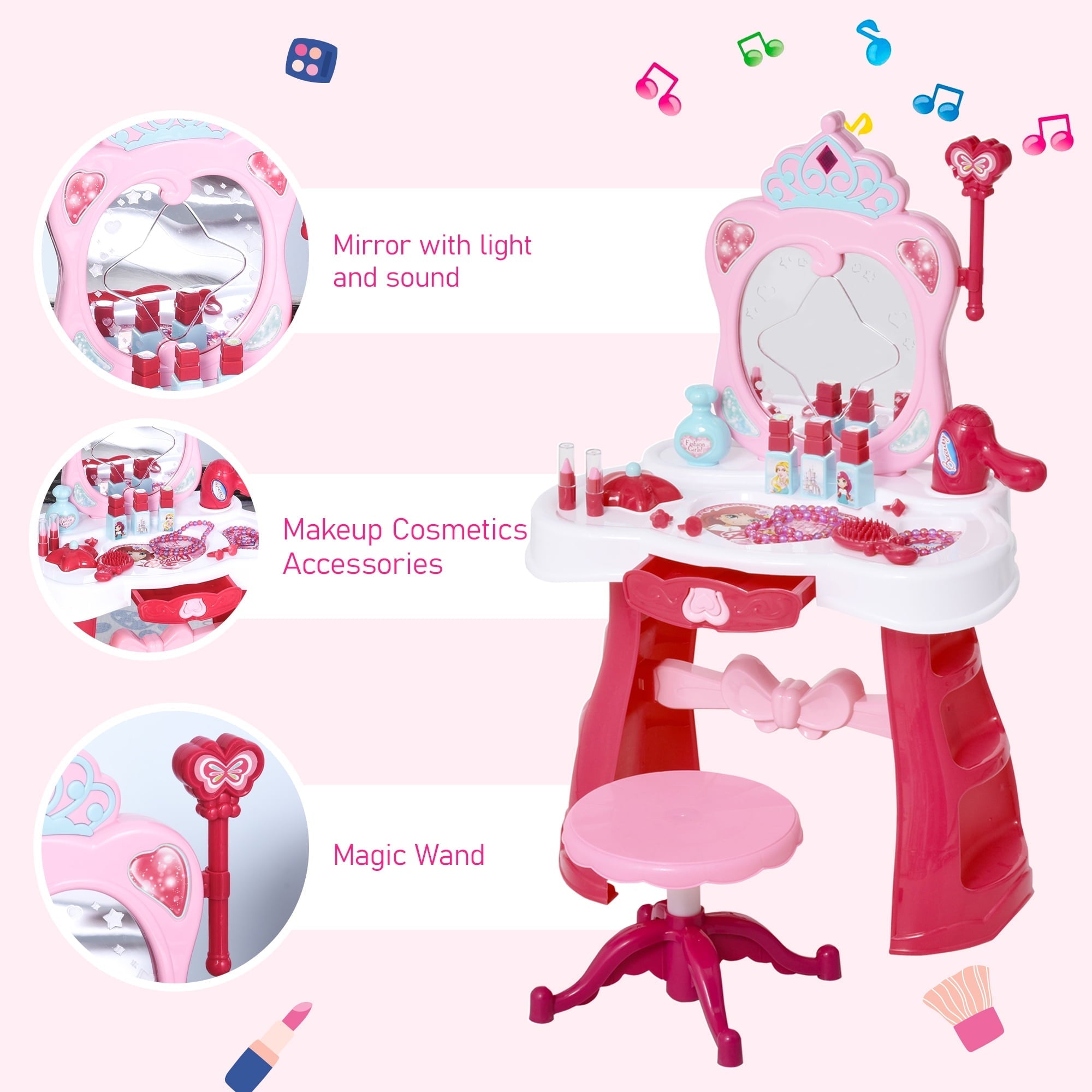 Qaba Children Dressing Table Set for Kids of 3-6 Years Dream Princess Vanity Set for Girls Make Up Table and Stool Set with Music and Lightening Pink White