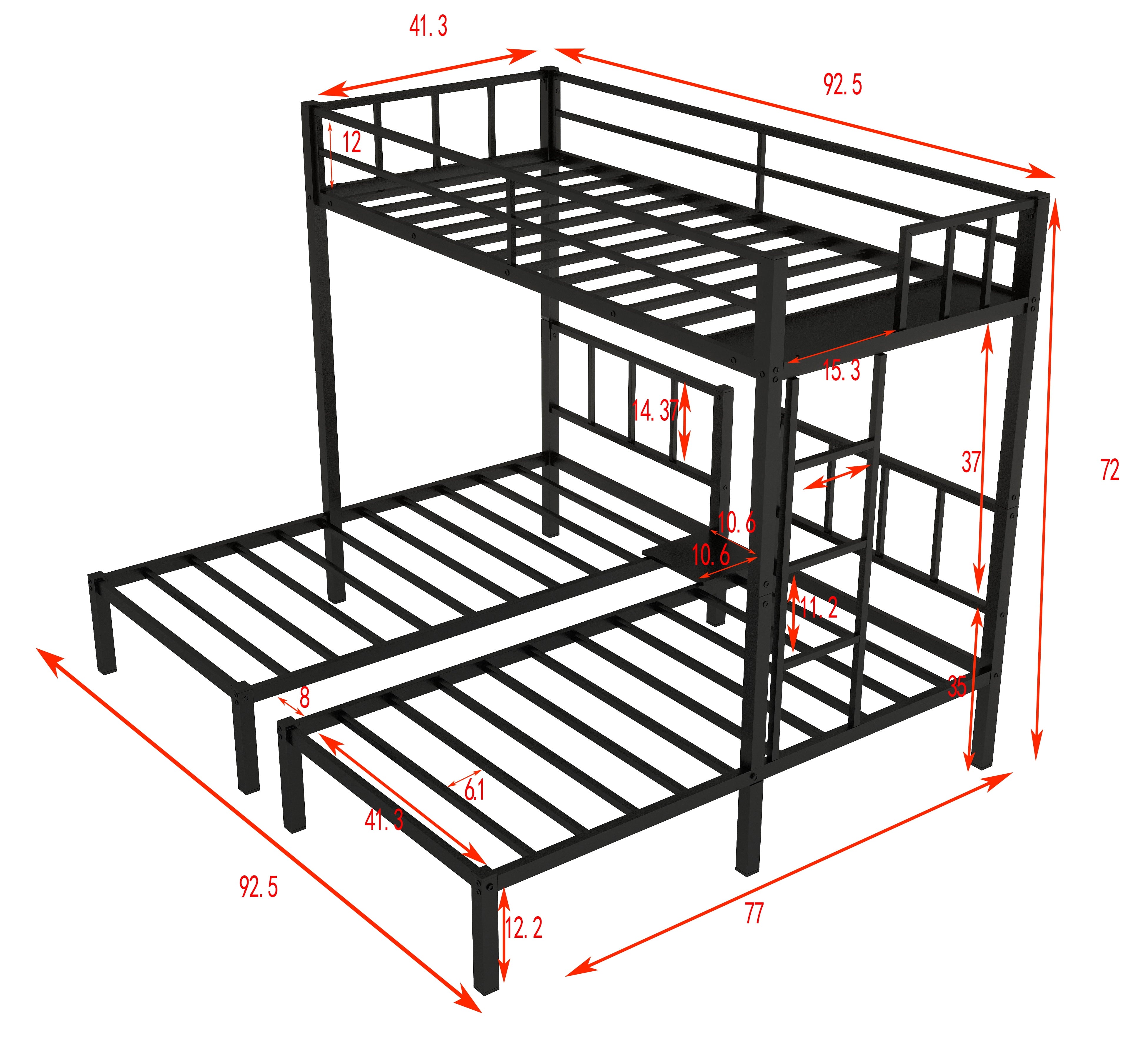 Jump Into Fun Triple Bunk Bed, Metal Twin over Twin and Twin Bunk Bed with Ladder, Full-Length Guardrail, 3 Beds Bunk Bed Can Convertible into 3 Twin Beds for Kids, Teens, Adults, Noise Free, Black