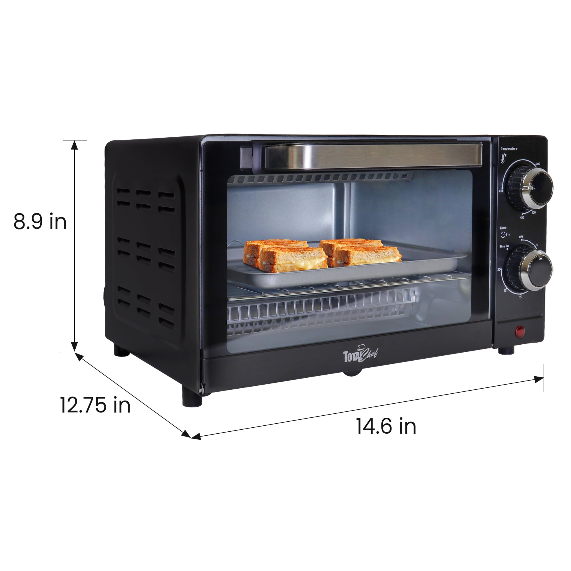 Total Chef 4 Slice Countertop Toaster Oven with Convection 1000W Stainless Steel  Baking Rack and Pan, Black