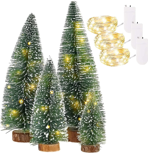 Artificial Mini Christmas Tree with Led Light, 4 Pcs Small Pine Tree with Wooden