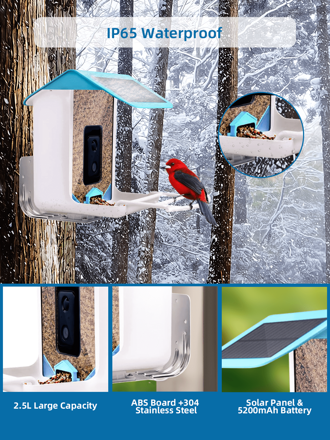 Bird Feeder with Camera,YBLOC Bird House,AI Smart Bird Feeder,Camera 1080P HD Video,AI Identify Bird,Wifi ,Blue