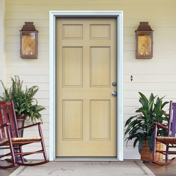 32 in. x 80 in. 6-Panel Unfinished Wood Prehung Left-Hand Inswing Front Door w/Primed Rot Resistant Jamb & Brickmould