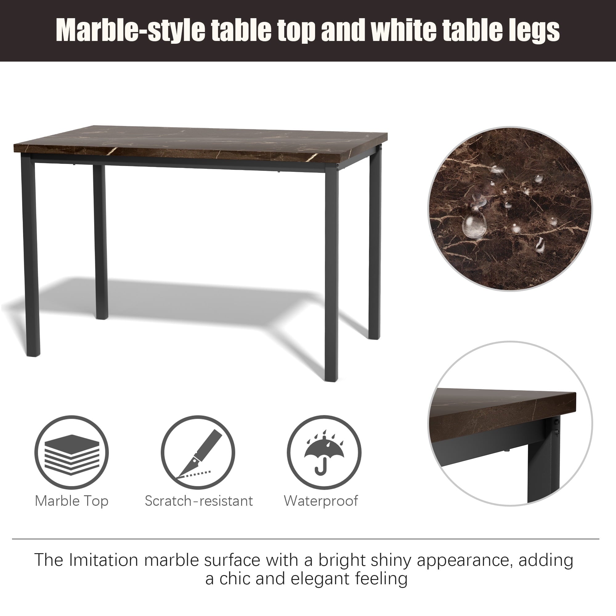 Paproos 5 Piece Dining Table Set, Dining Room Table Set with Marble Top and Faux Leather Upholstery Chairs, Modern Dinette Sets for Breakfast Nook, Compact Kitchen Table and Chairs Set, Brown