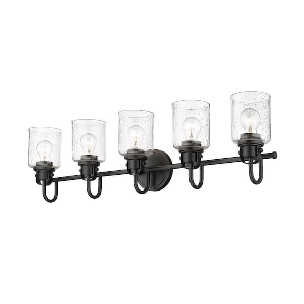 Kinsley 35 in. 5-Light Matte Black Vanity-Light with Clear Seeded Glass Shades