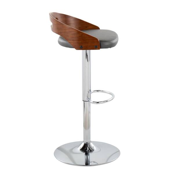 Cassis 38 in. Adjustable Bar Stool in Grey Faux Leather and Chrome with Walnut Wood (Set of 2)