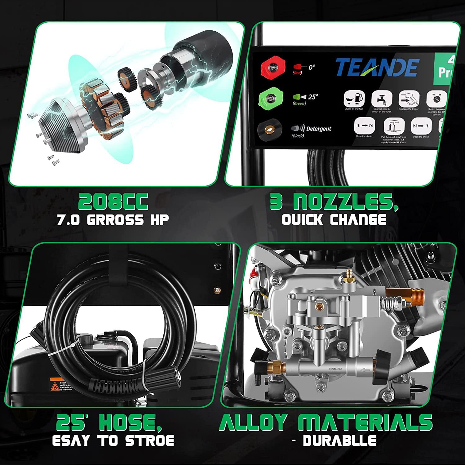 TEANDE Gas Pressure Washer Powered, 2.6 GPM 209cc 7.0 HP Power Washer with 3 Quick-Connect Nozzles, 25’ Hose for Cars, Driveway, Patio, Siding, Fence Cleaning