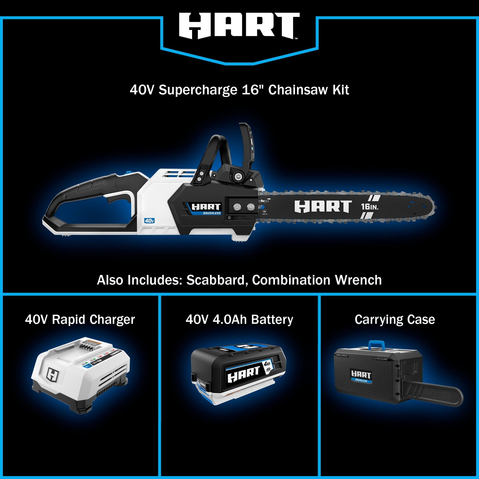 HART 40-Volt 16-inch SUPERCHARGE Battery-Powered Brushless Chainsaw Kit, (1) 4.0 Ah Lithium-Ion Battery