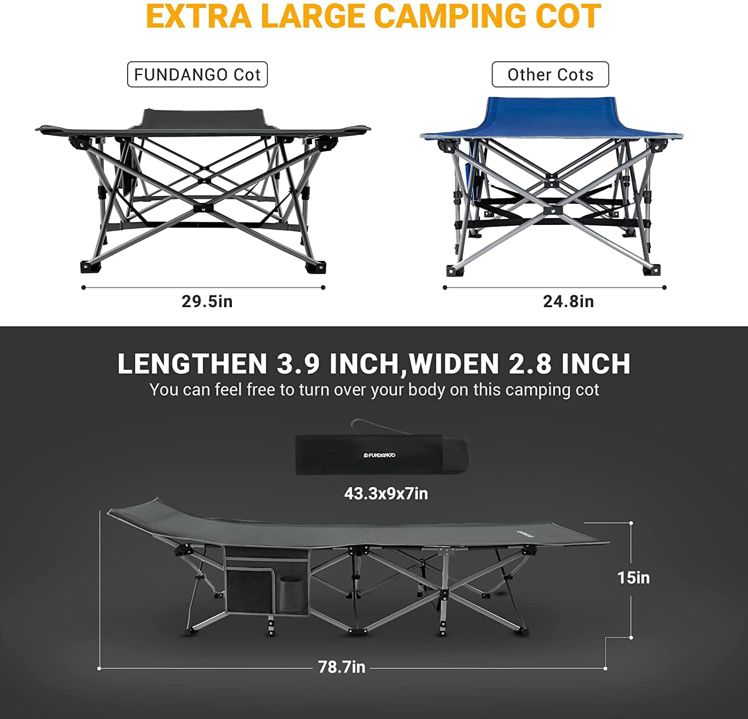 FUNDANGO Folding Camping Cot Extra Wide Heavy Duty Outdoor Sleeping Cots for Adults Portable Travel Bed 79