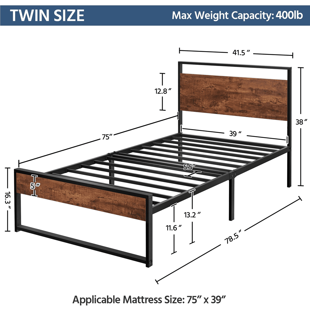 Topeakmart Rustic Metal Bed Frame Slatted Bed Base with Wooden Headboard and Footboard, Twin