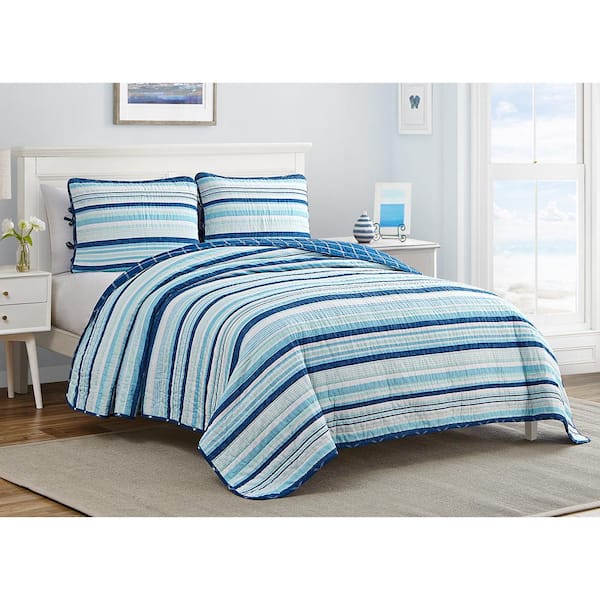 Newport Stripe 3-Pieces Navy/Blue Reversible Cotton Quilt Set-Full/Queen