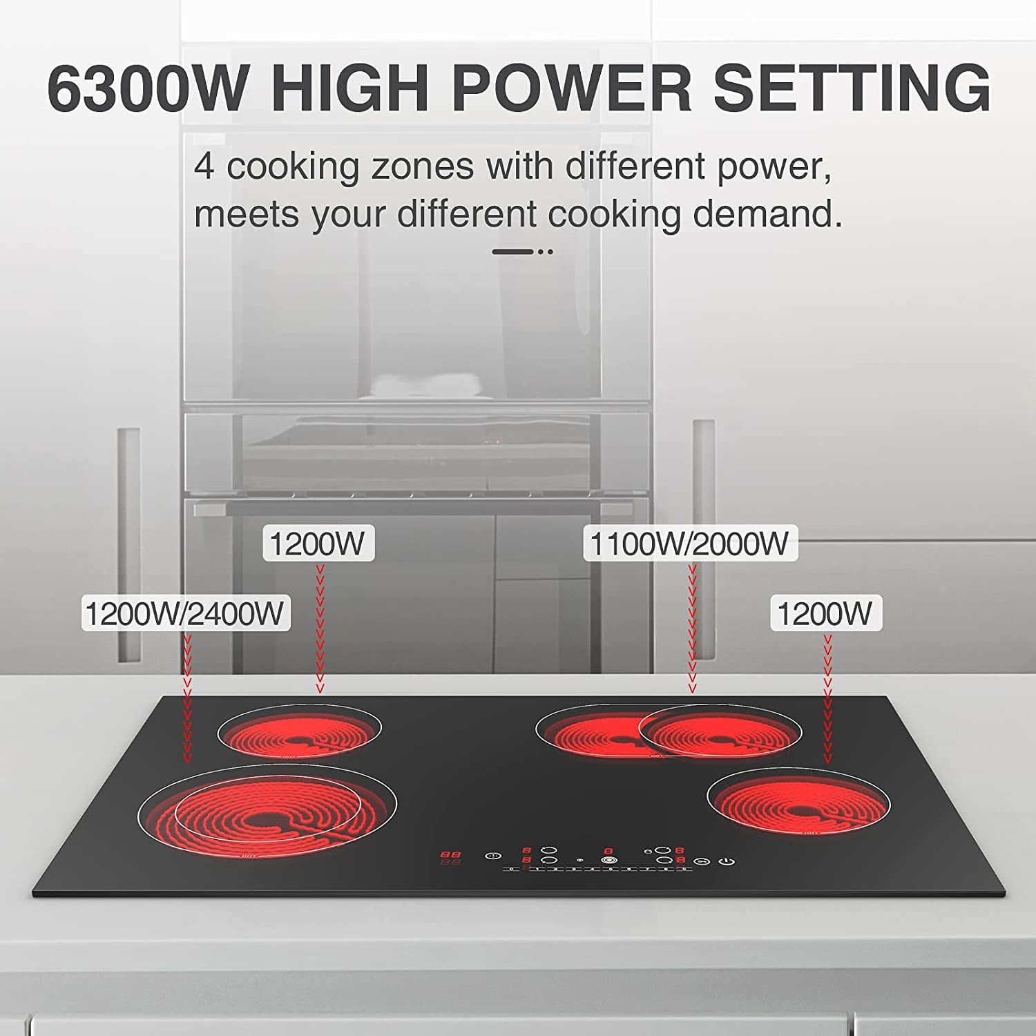 Electric Cooktop, 30 Inch Built-in Electric Stove, 6800W Ceramic Cooktop, 9 Heating Level Overheat Protection with Touch Screen, Timer & Safety Lock