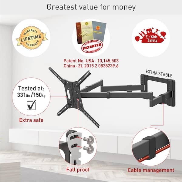 Barkan 13 in. - 80 in. Full Motion - 4 Movement Extra-Long Dual Arm Flat/Curved TV Wall Mount Black Extremely Extendable