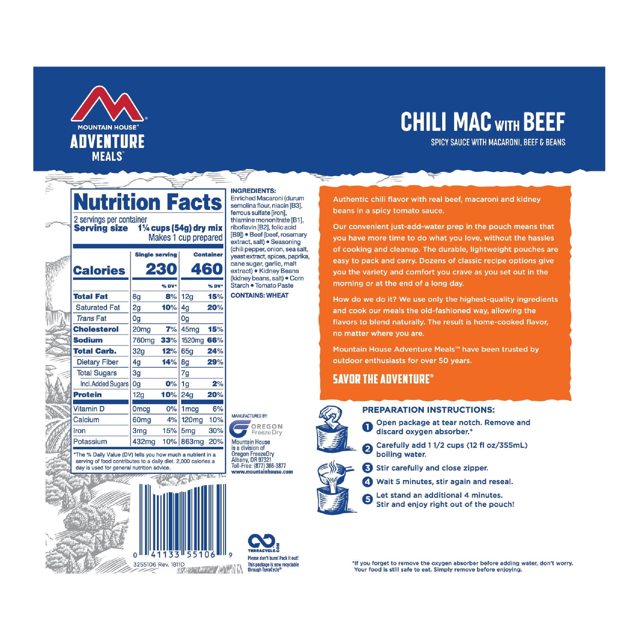 Mountain House Chili Mac w/Beef, Freeze-Dried Food, 2 Servings