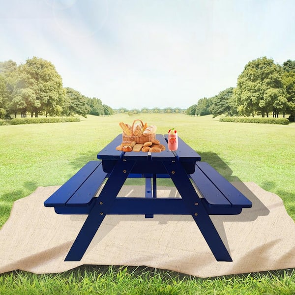 33.6 in. W x 29.9 in. D x 20.87 in. H Blue Wooden Picnic Table Children's Dining Table with Benches
