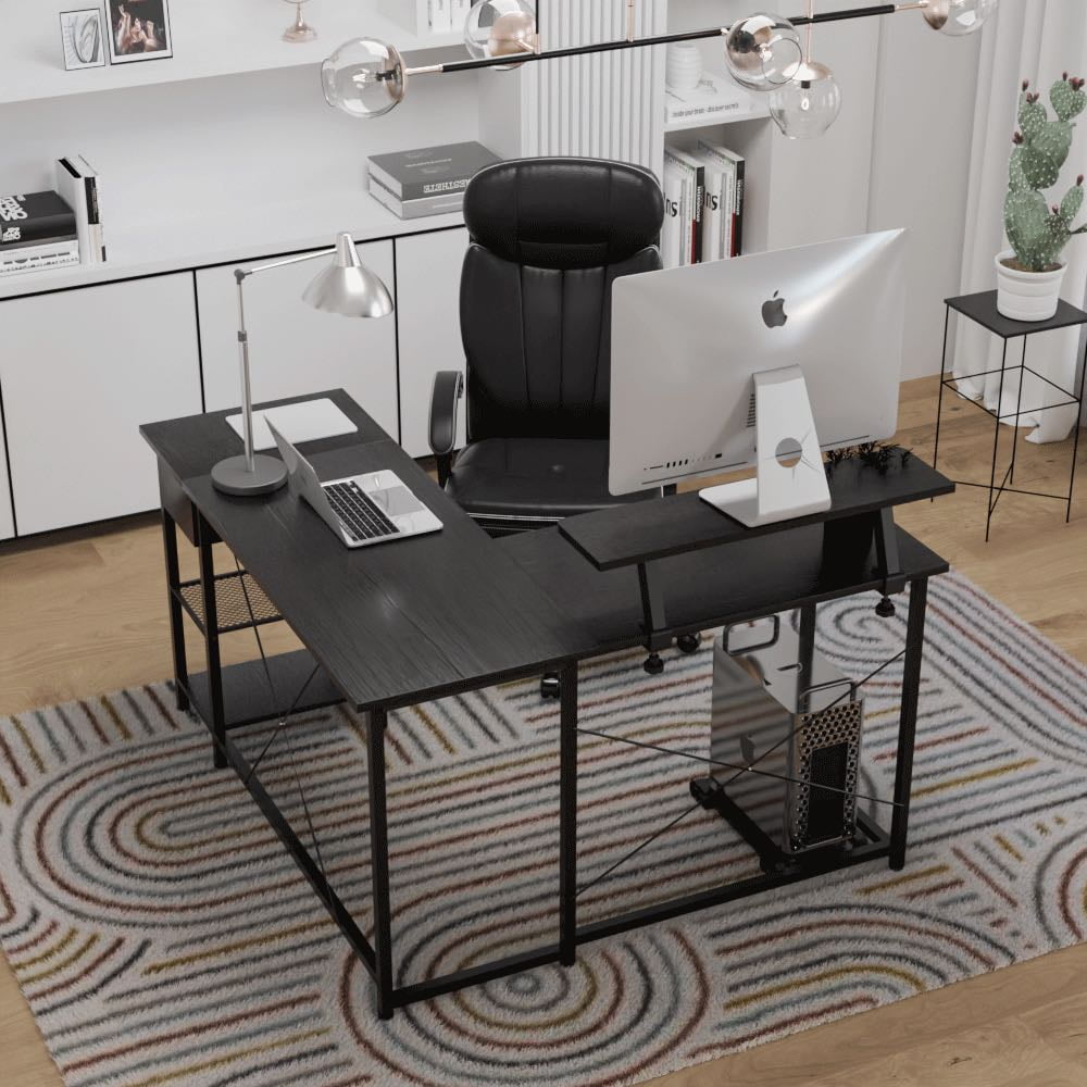 L Shaped Computer Desk with Storage Shelves, Hook and Monitor Stand, Modern Reversible Corner Gaming Table Sturdy Writing Workstation Space Saving for Home Office, Black